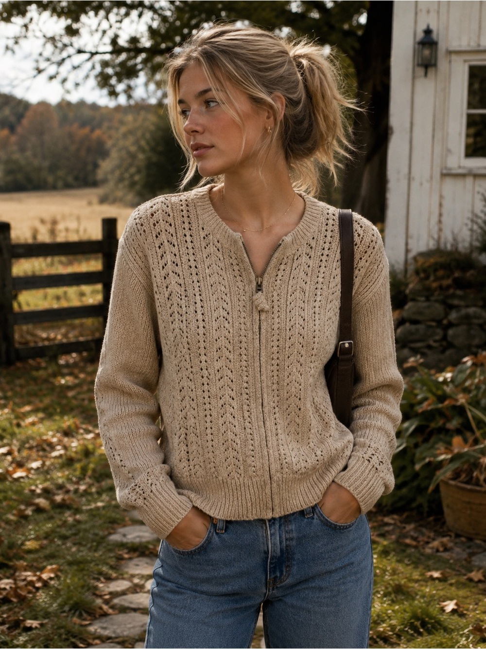 Woolrich Beige Pointelle Knit Zip-Up Cardigan – Women’s M